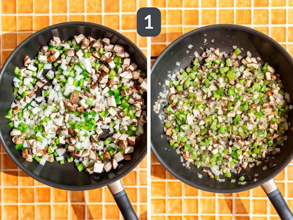 Scrambled Tempeh Step 1 - cook the onion, pepper, and mushrooms.