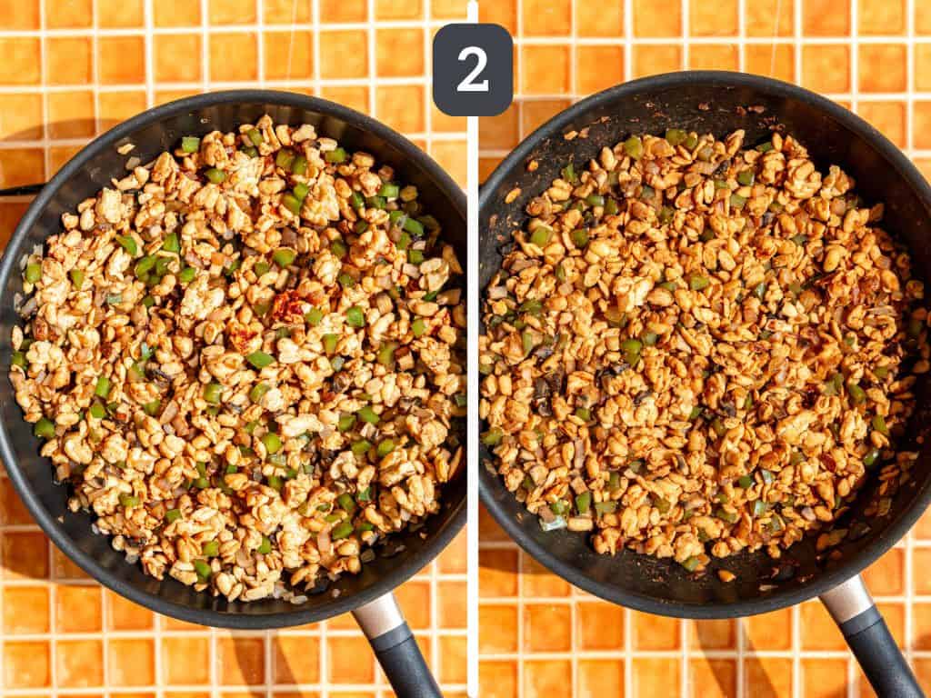 Scrambled Tempeh Step 2 - add the tempeh and spices.