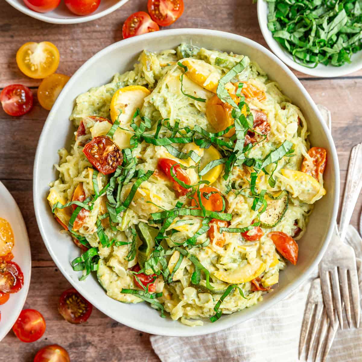 Vegan Pesto Spaghetti Squash served in a large bowl.