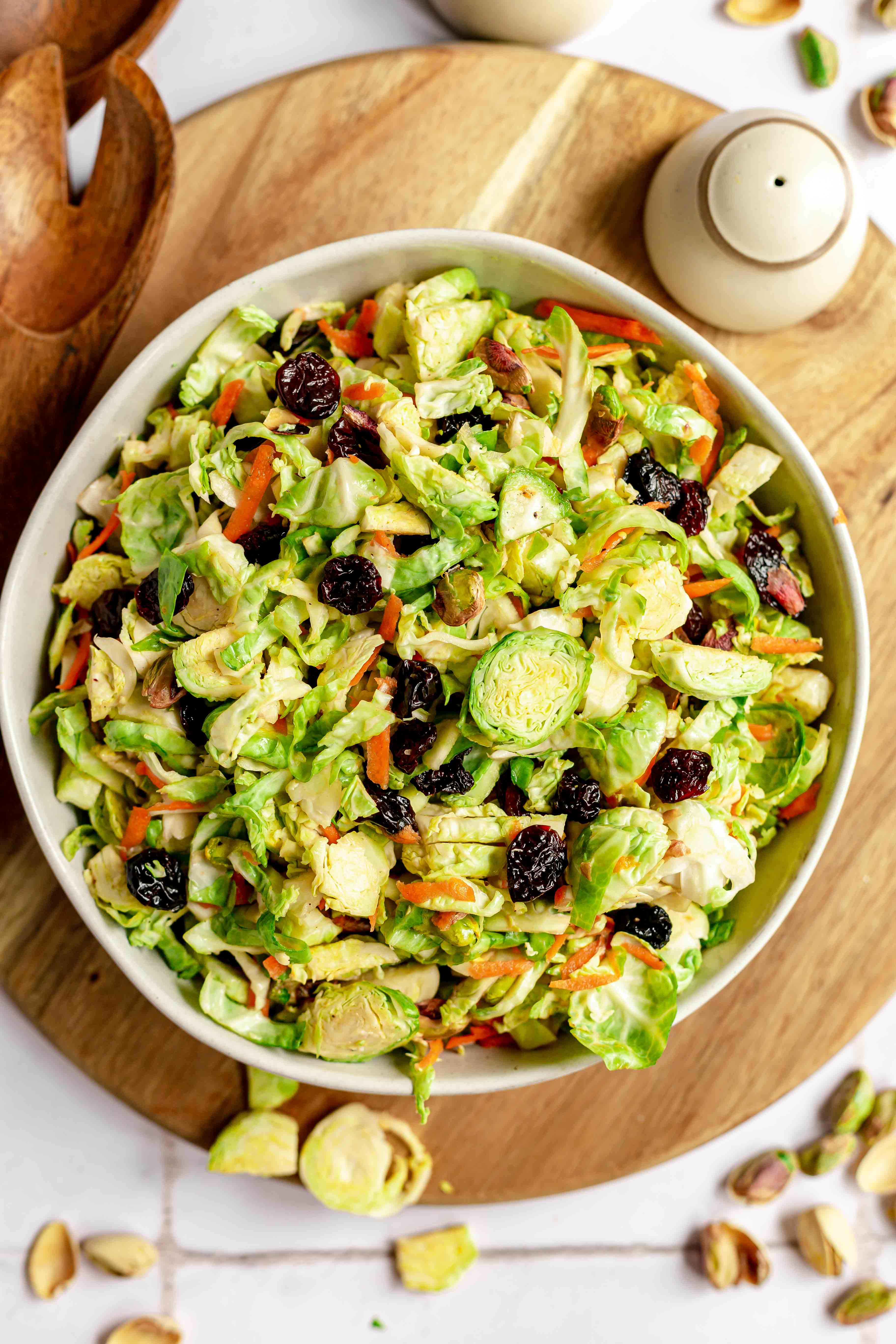 A bowl of brussels sprouts slaw, ready to serve.