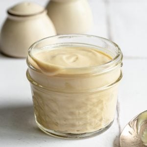 A mason jar filled with wfpb mayo.