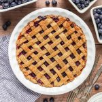 A freshly baked gluten free vegan blueberry pie.