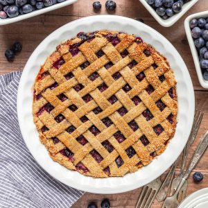 A freshly baked gluten free vegan blueberry pie.
