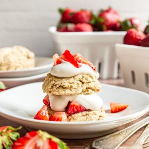 A vegan strawberry shortcake on a plate.