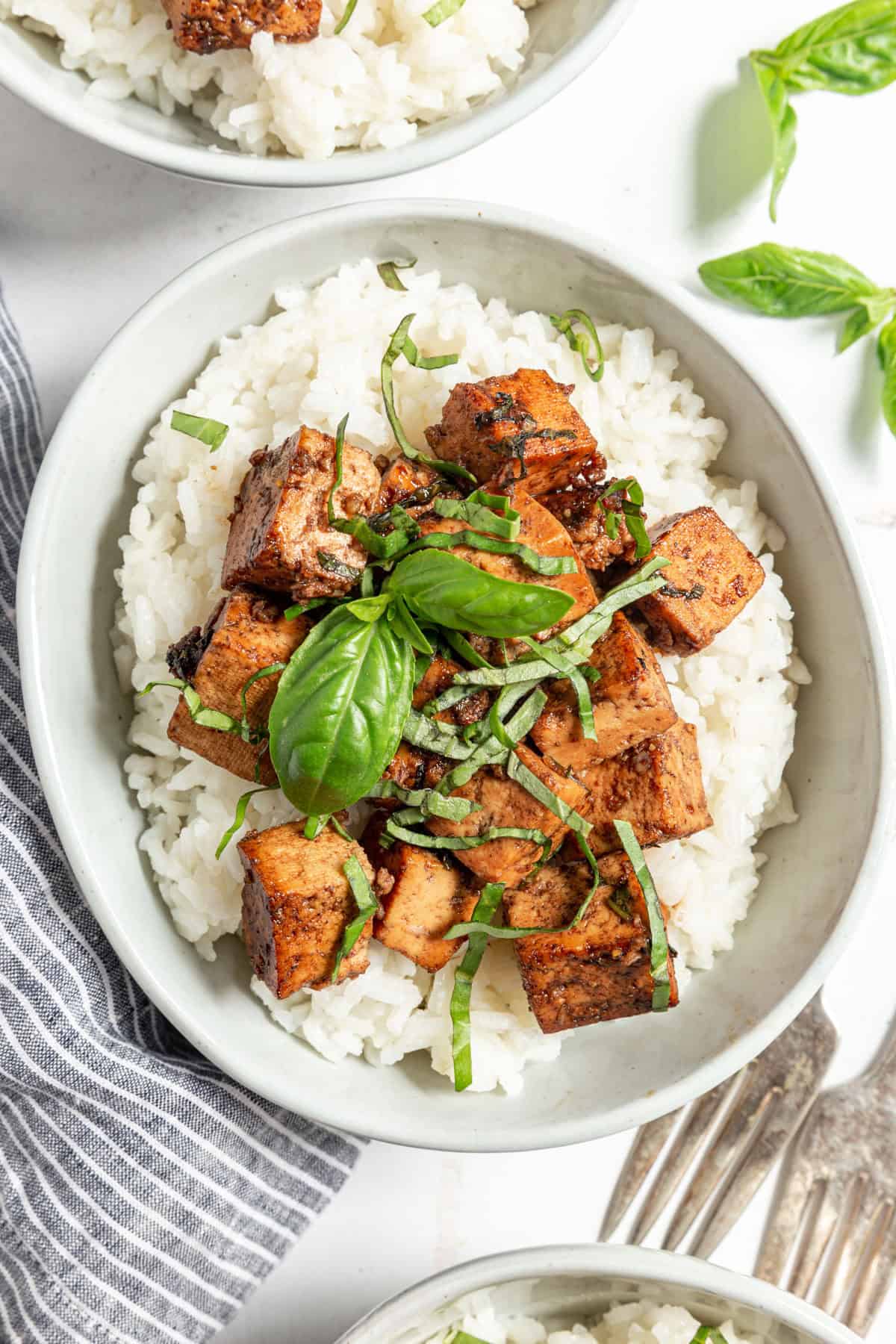 A bowl of Basil Balsamic Marinated Tofu.