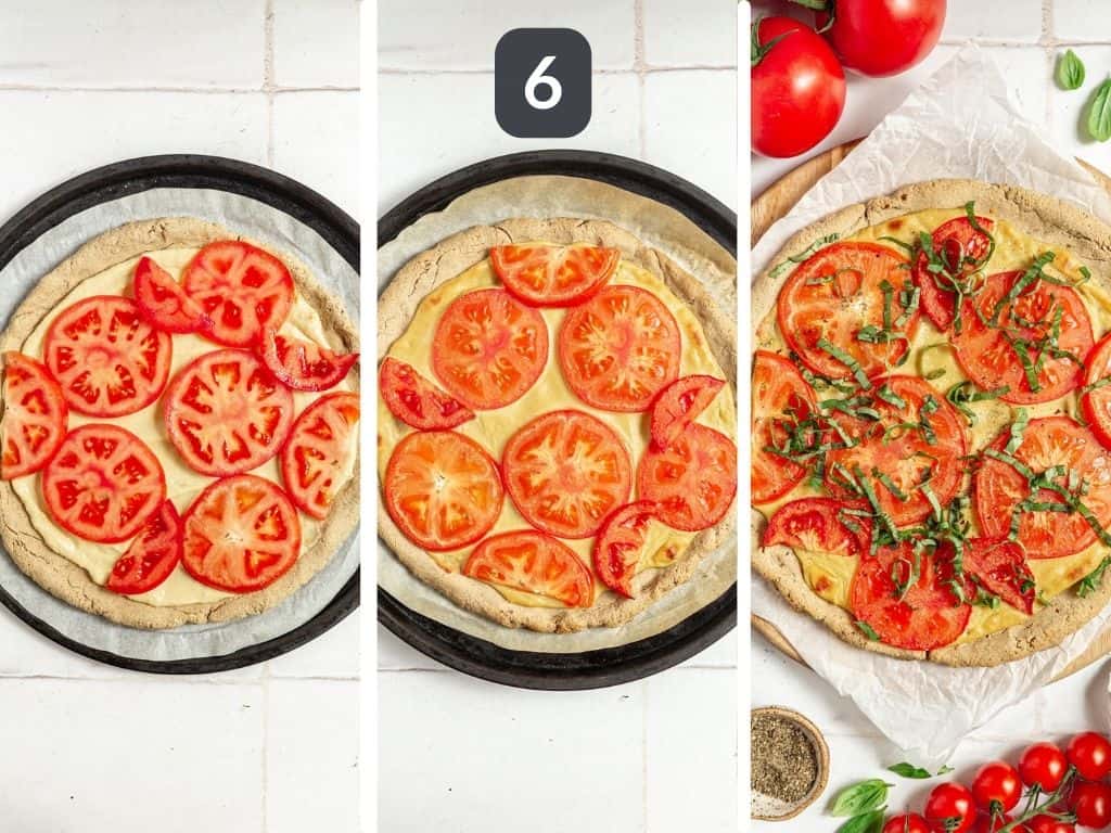 Oil-Free Vegan Oat Flour Pizza Crust Step 6 - add your toppings and bake again.