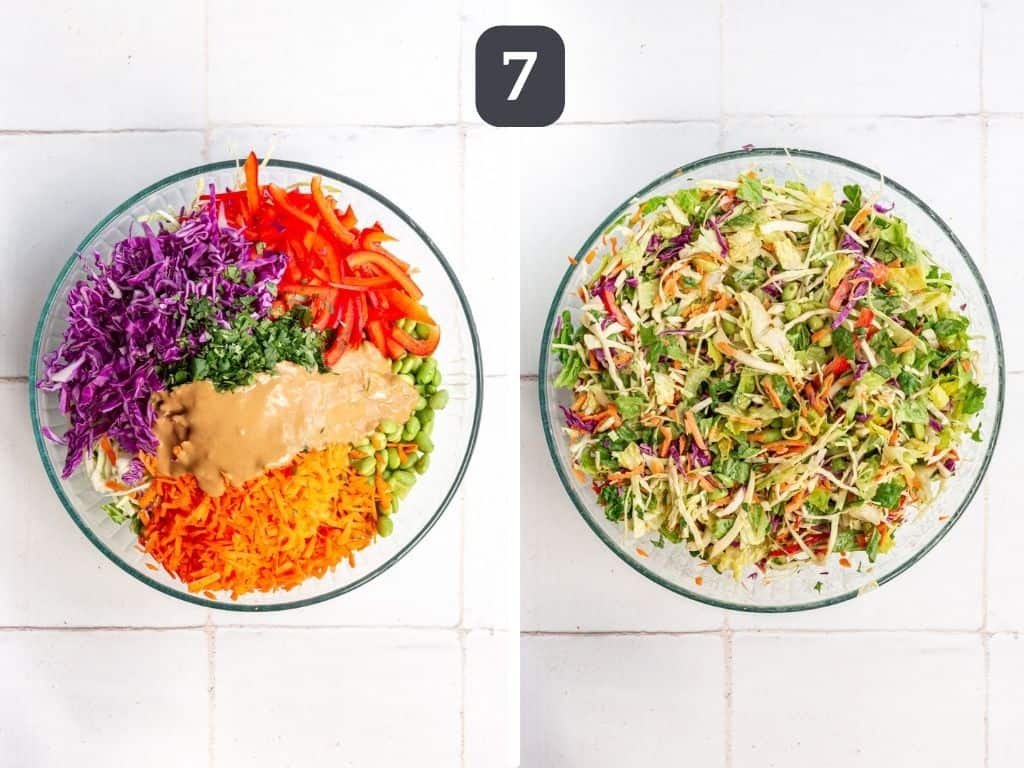 Thai Peanut Cabbage Salad Step 7 - toss the veggies with the dressing.