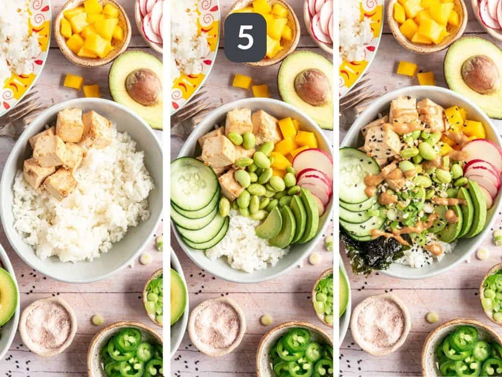 Tofu Poke Bowl Step 5 - assemble the bowls.