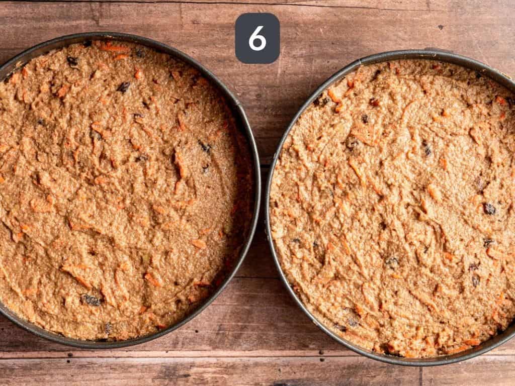 Vegan Oil-Free Carrot Cake Step 6 - spread batter into cake pans.