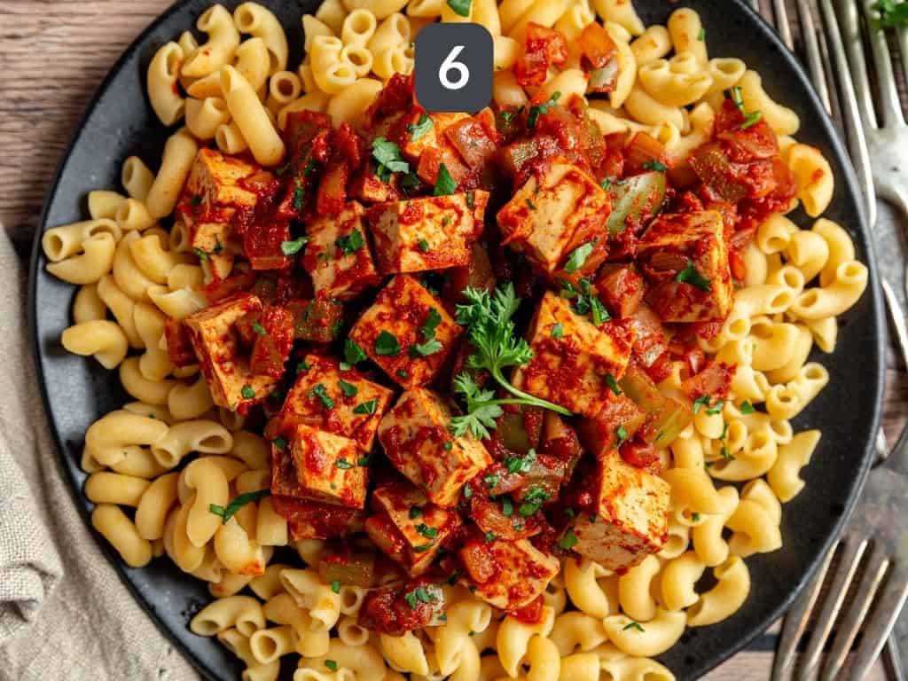 Vegan Paprikash Step 6 - serve the paprikash with the noodles.