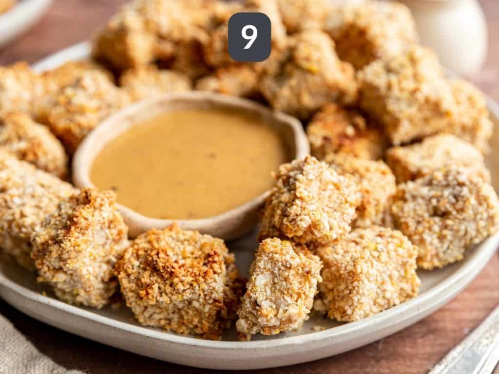 Air Fryer Tofu Nuggets Step 9 - serve with vegan honey mustard.