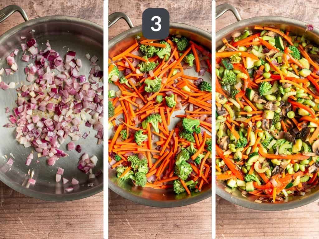 Vegan Oil-Free Pad Thai Step 3 - cook the veggies.