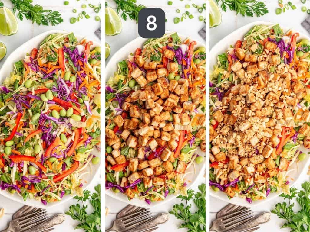 Thai Peanut Cabbage Salad Step 8 - top with tofu and garnishes.