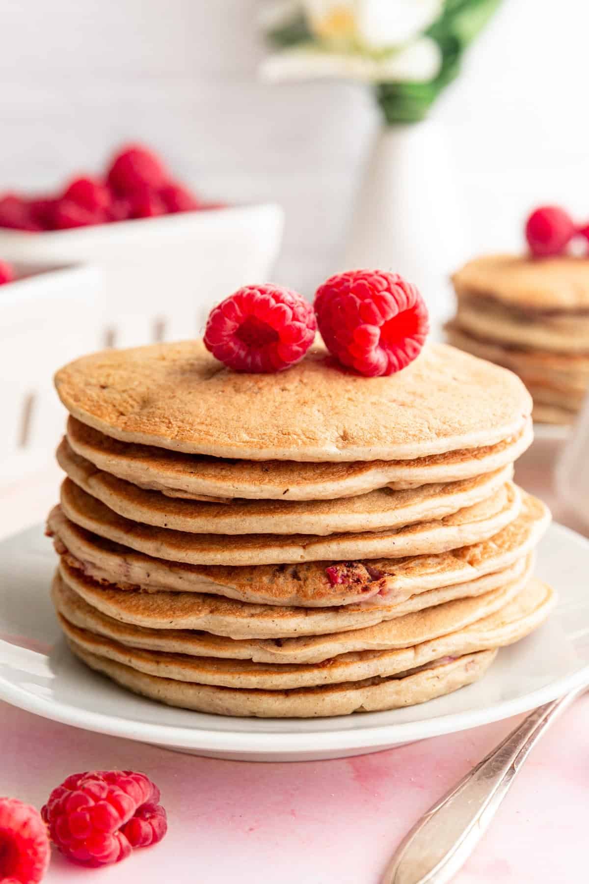 A stack of Vegan Raspberry Lemon Pancakes