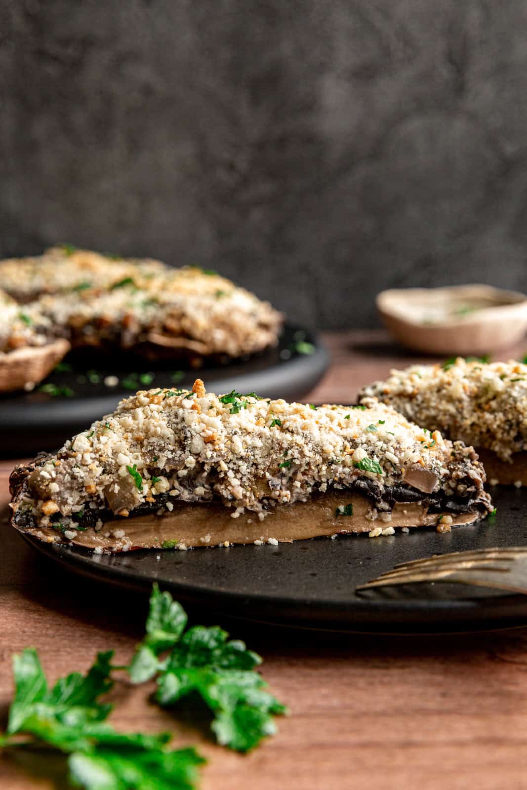 Vegan Stuffed Portobello Mushrooms cut in half