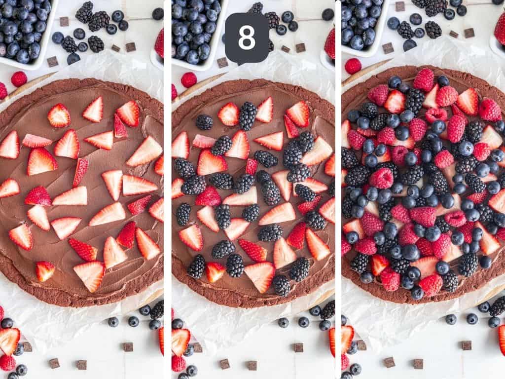 Vegan Chocolate Fruit Pizza Step 8 - decorate with fruit or other toppings.