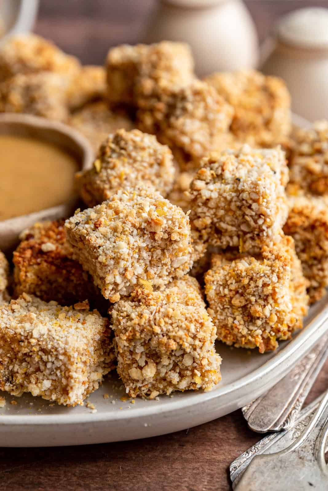 Air Fryer Tofu Nuggets close up.