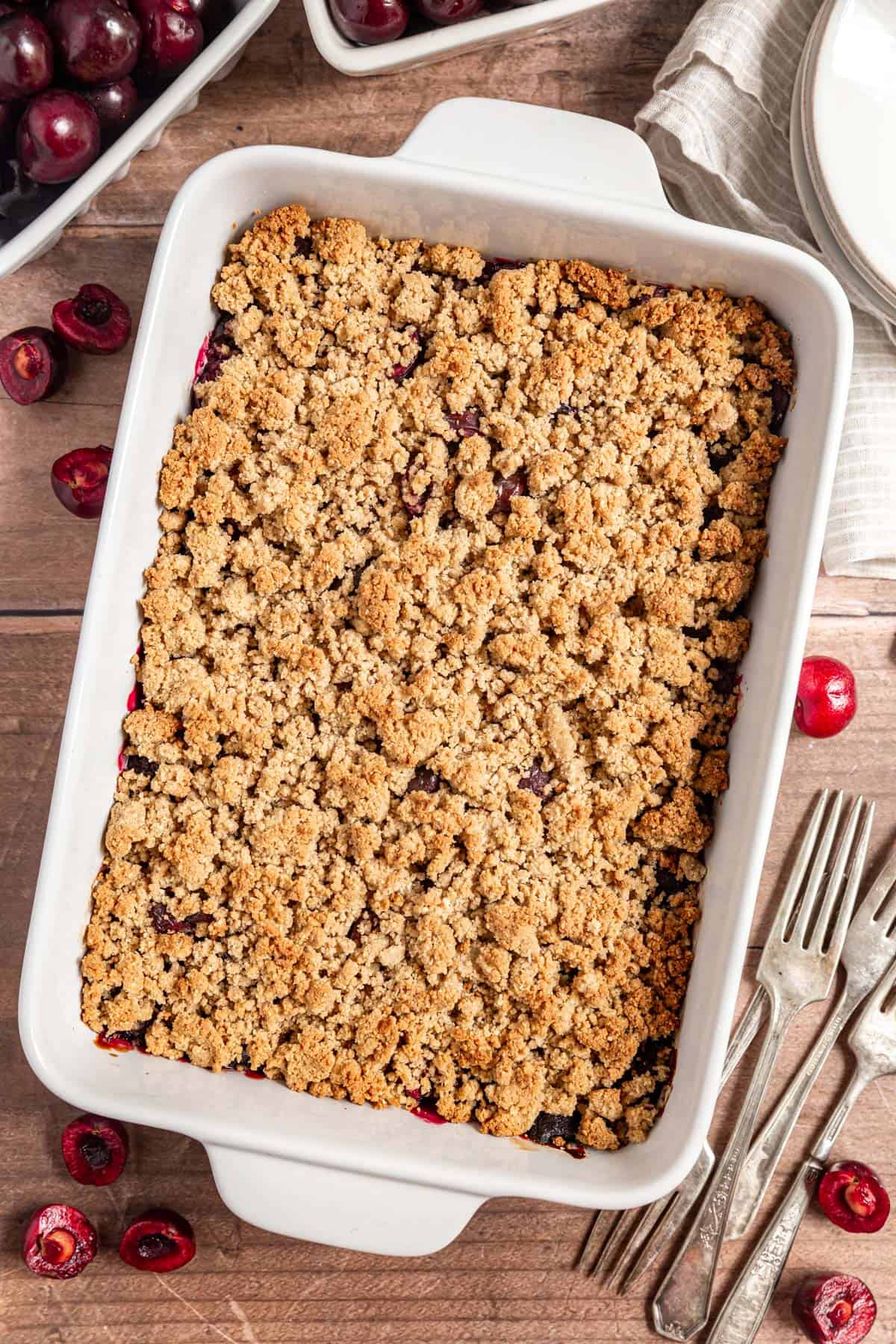 A freshly baked tray of Vegan Cherry Crumble.