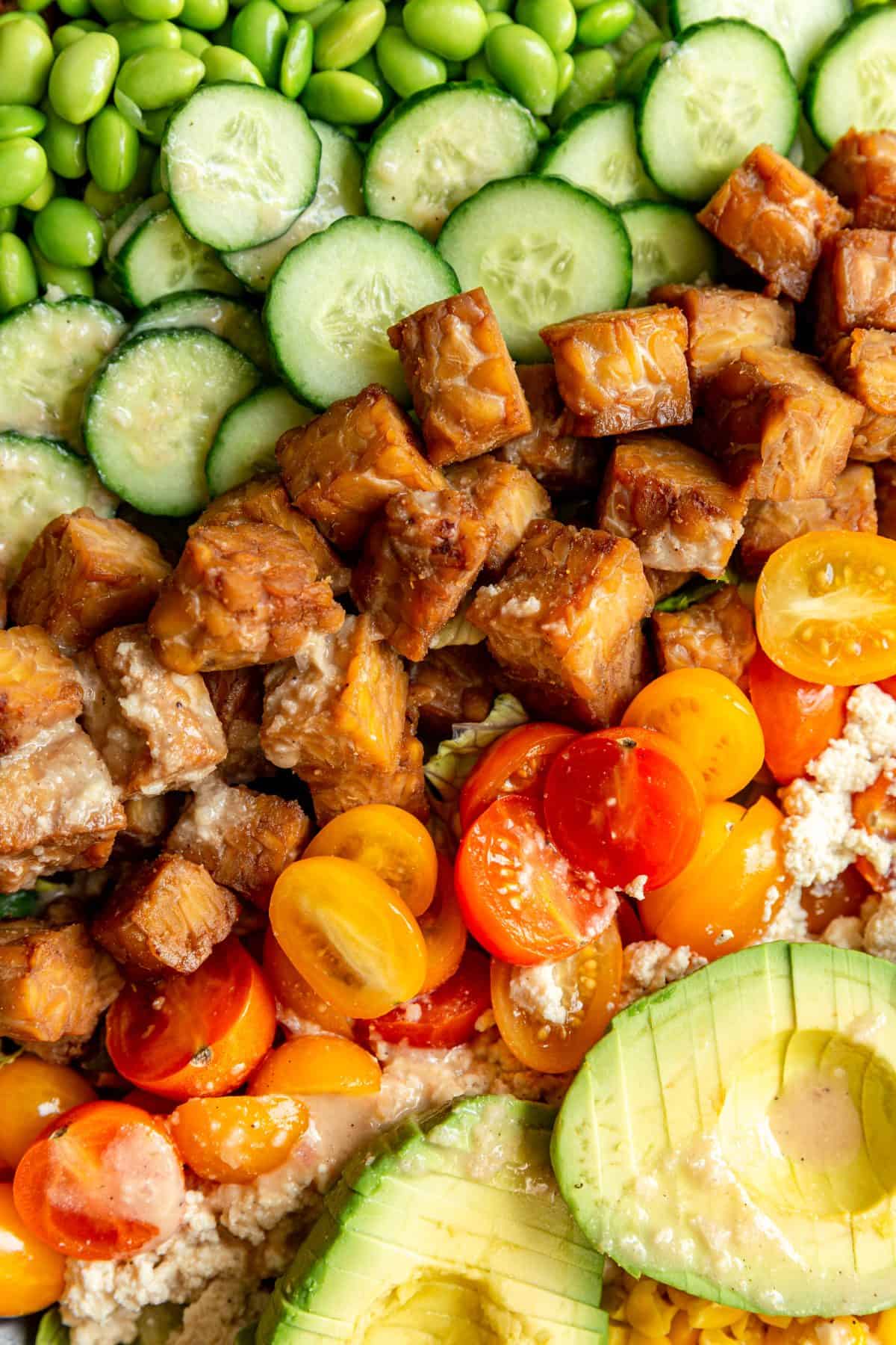 A close up view of the stripes of Vegan Cobb Salad.