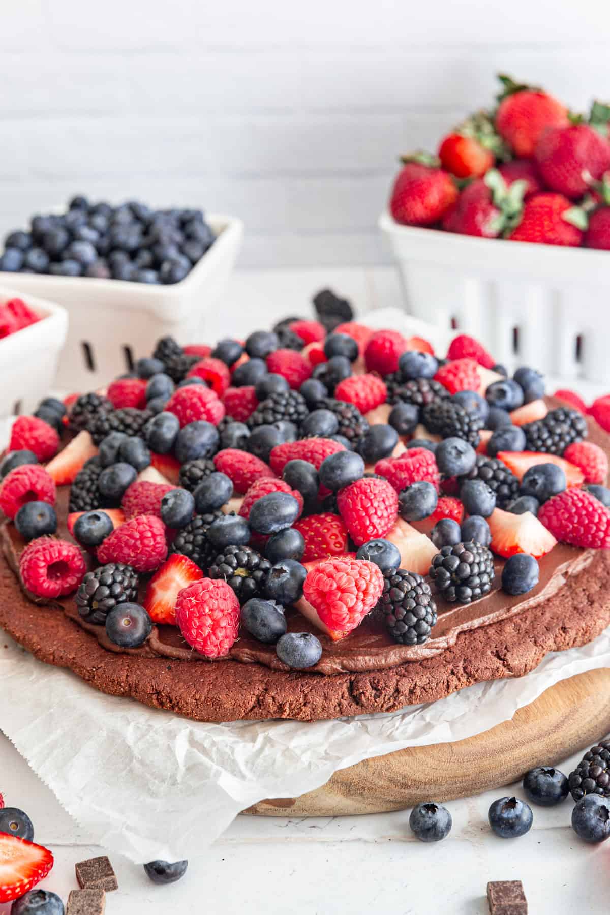 Vegan Chocolate Fruit Pizza ready to serve.