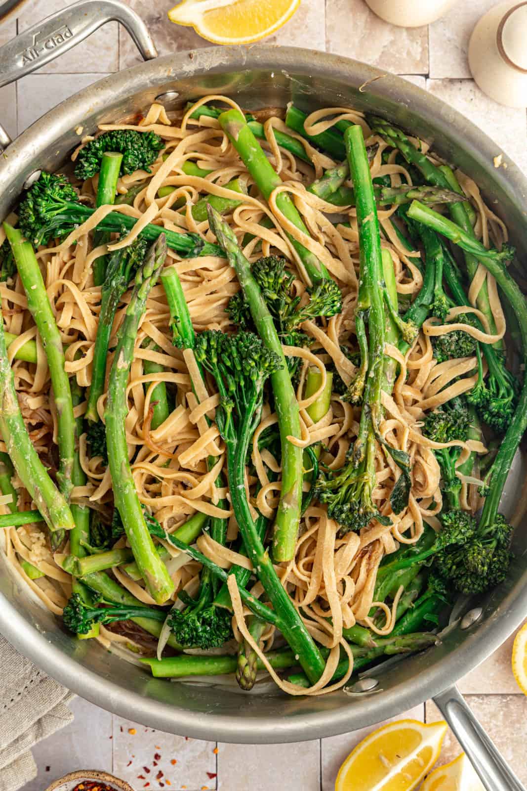 Just-cooked Broccoli Asparagus Pasta in a skillet.