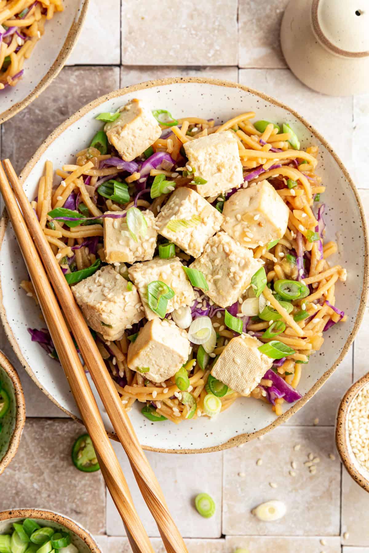 Spicy Garlic Noodles topped with tofu.