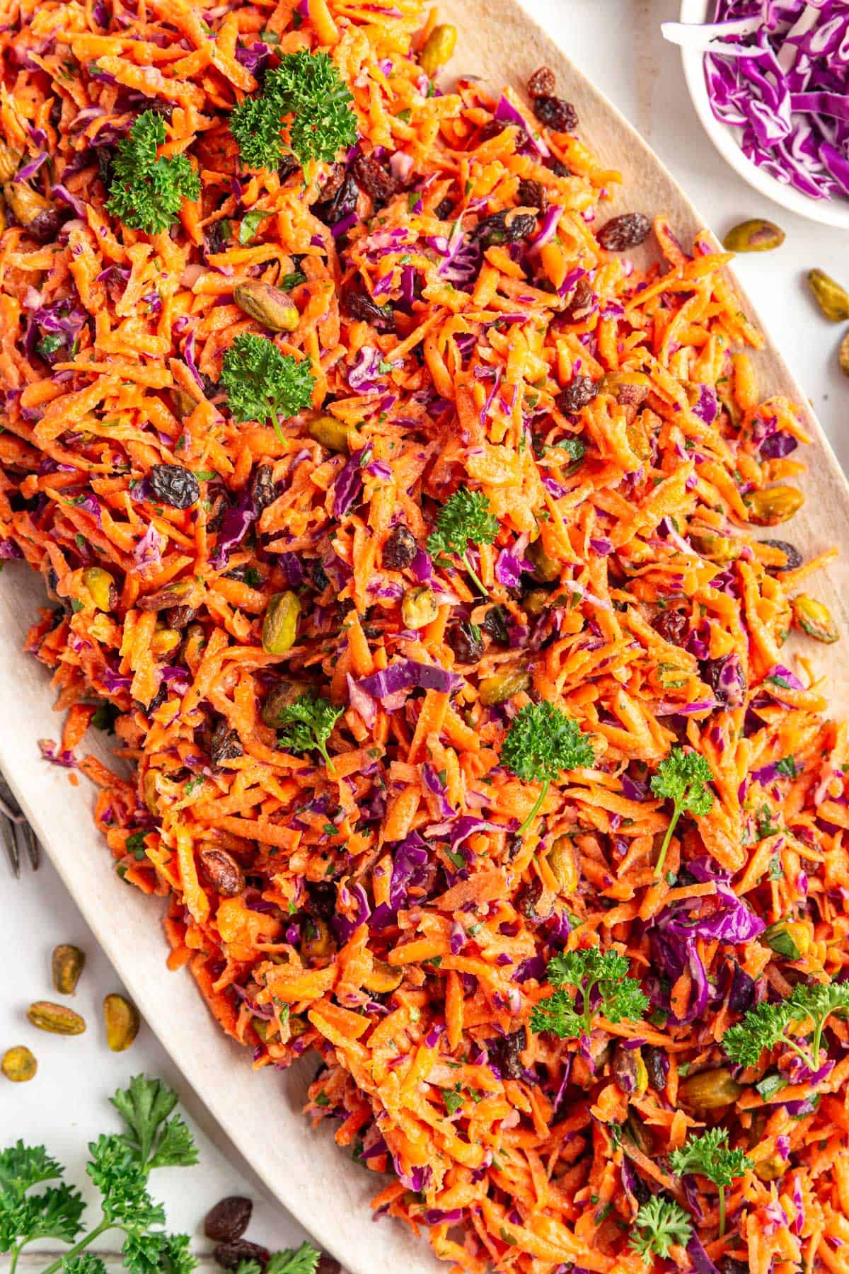 A platter of Healthy Carrot Raisin Salad with Cabbage.