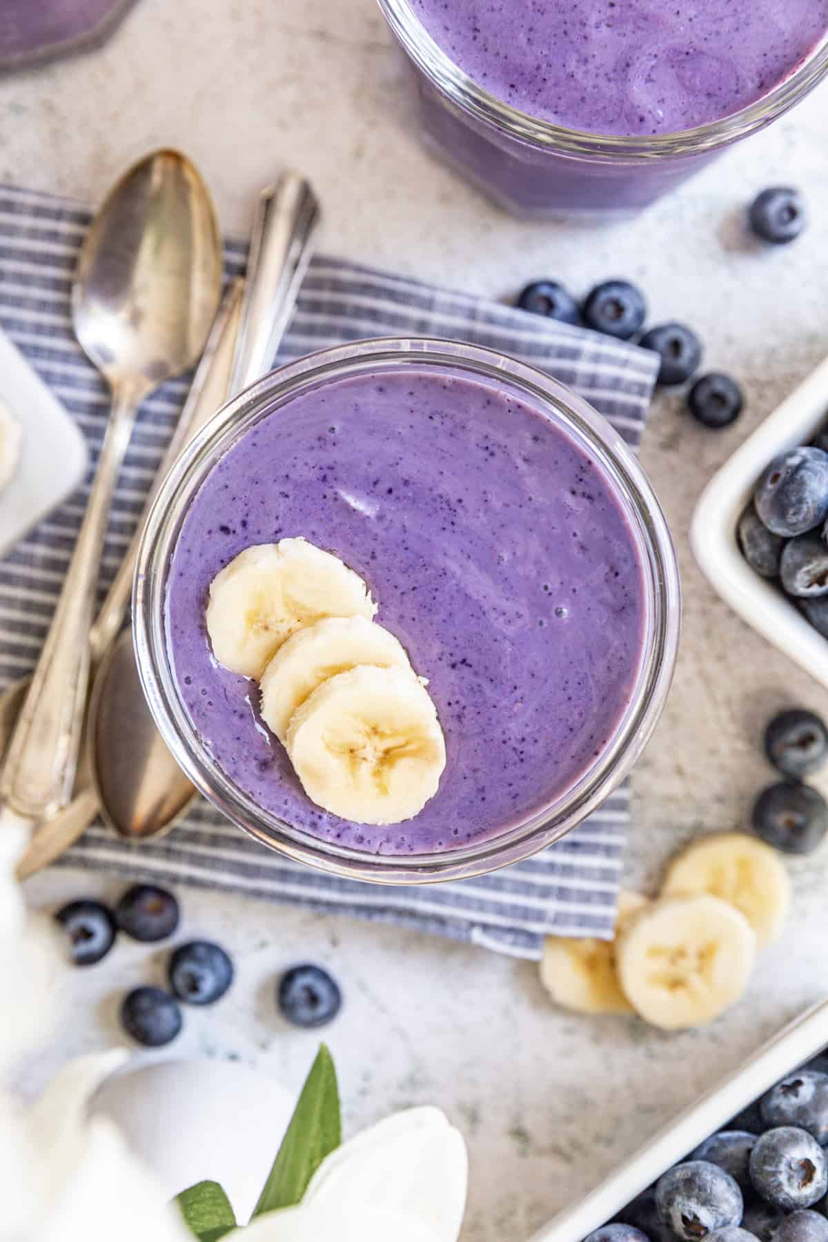 A top-down view of a Silken Tofu Smoothie in a glass.
