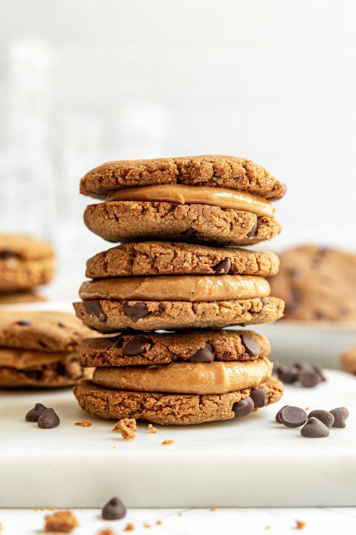 A stack of three Vegan Peanut Butter cookie Sandwiches.