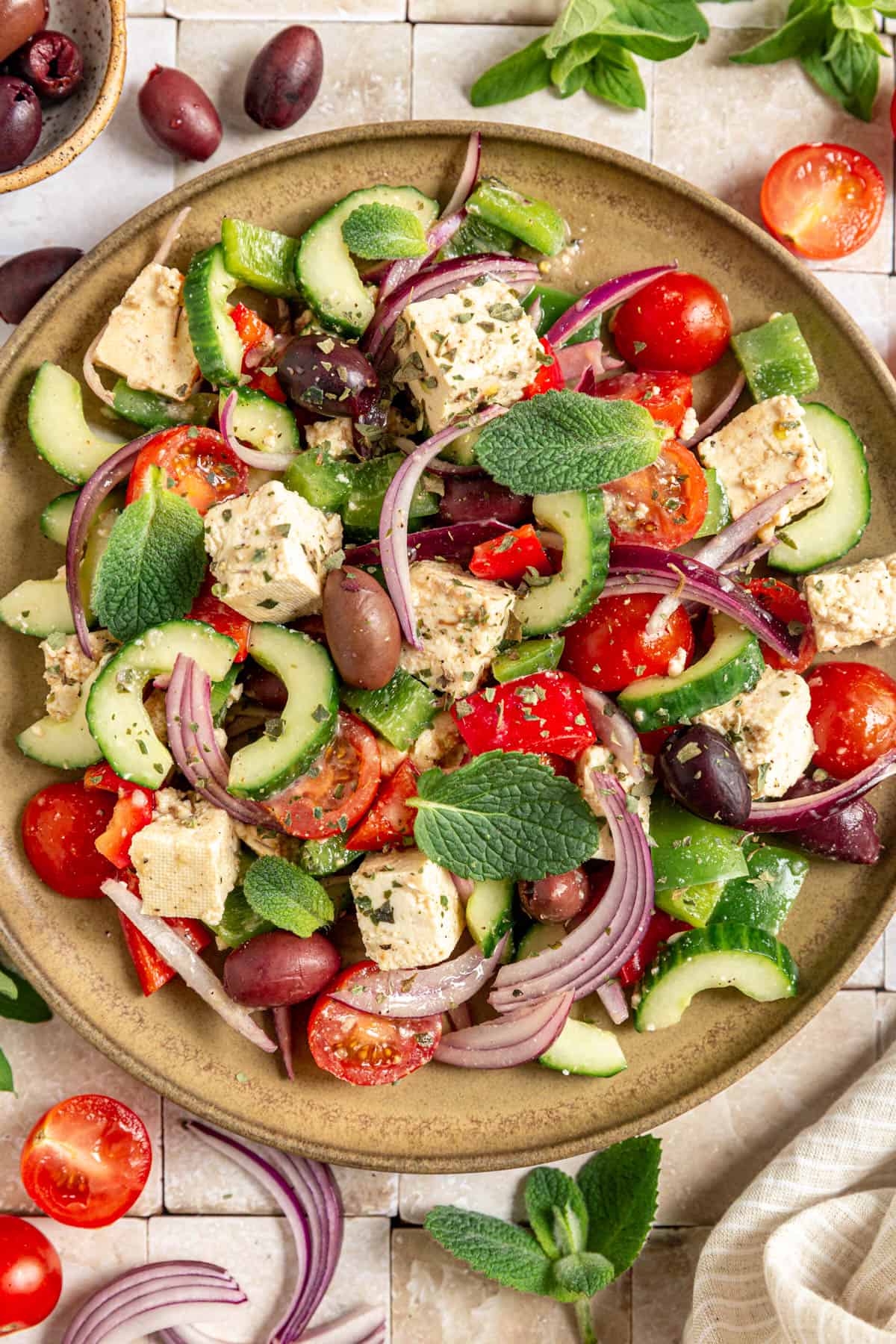 Vegan Greek Salad on a plate, ready to eat.