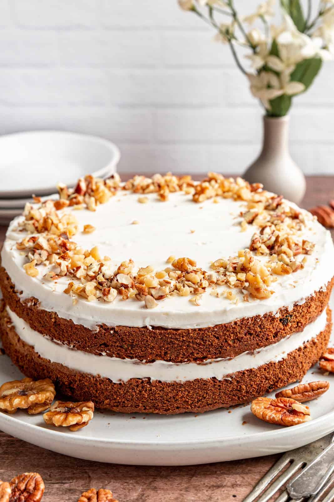 Layers of Vegan Oil-Free Carrot Cake.