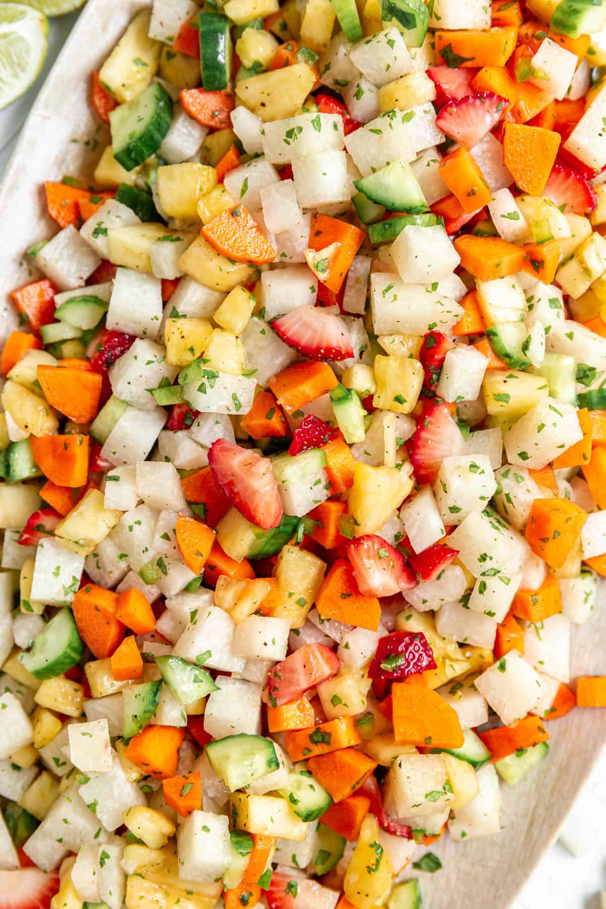 A close up of the delicious colors and textures in this Jicama Pineapple Slaw.