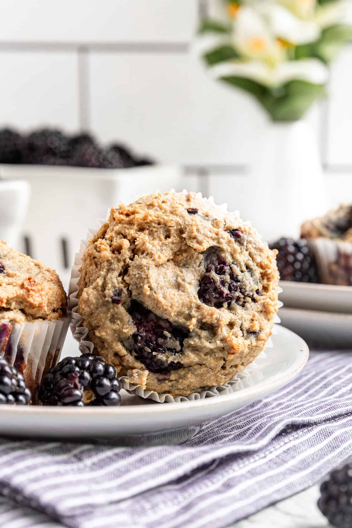 A Vegan Blackberry Muffin turned on it's side.
