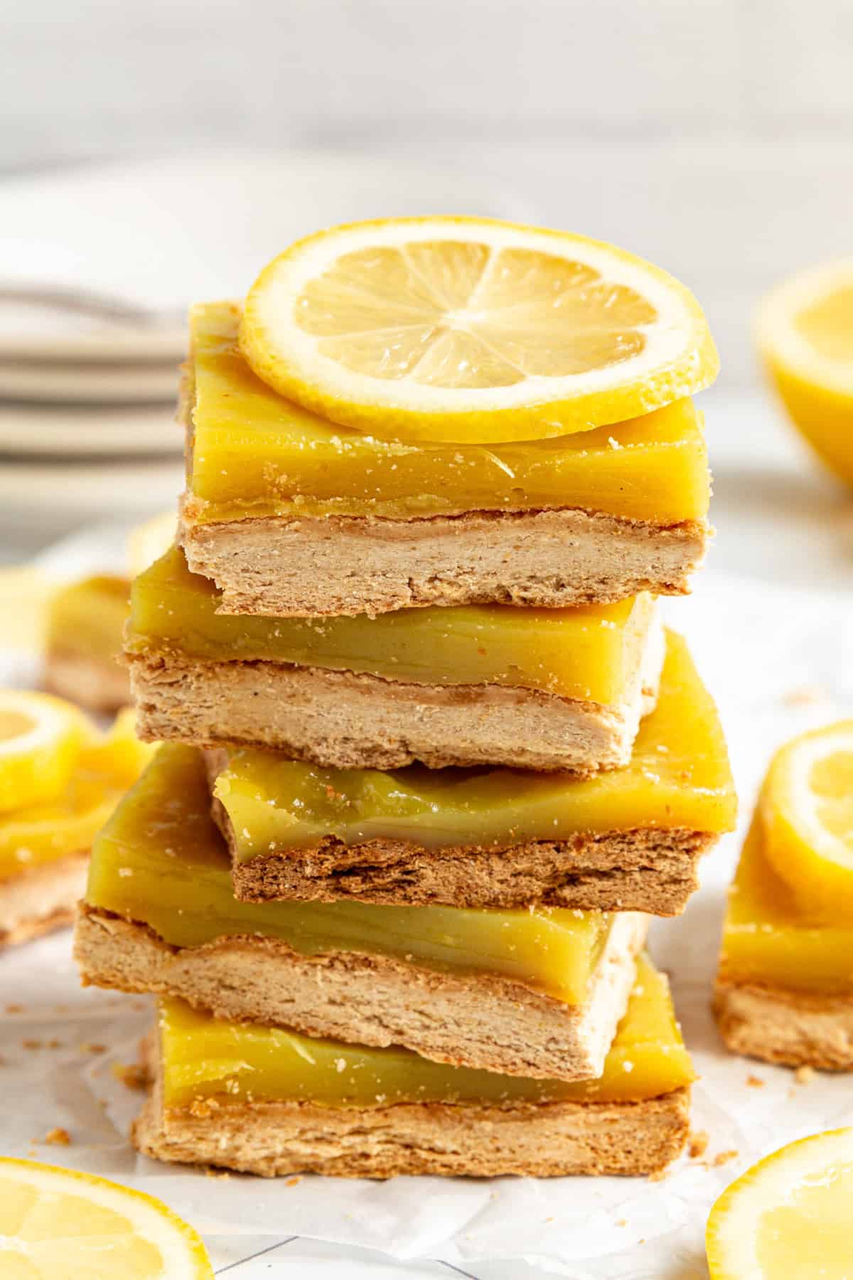 A tall stack of Plant-Based Lemon Bars (Gluten Free)