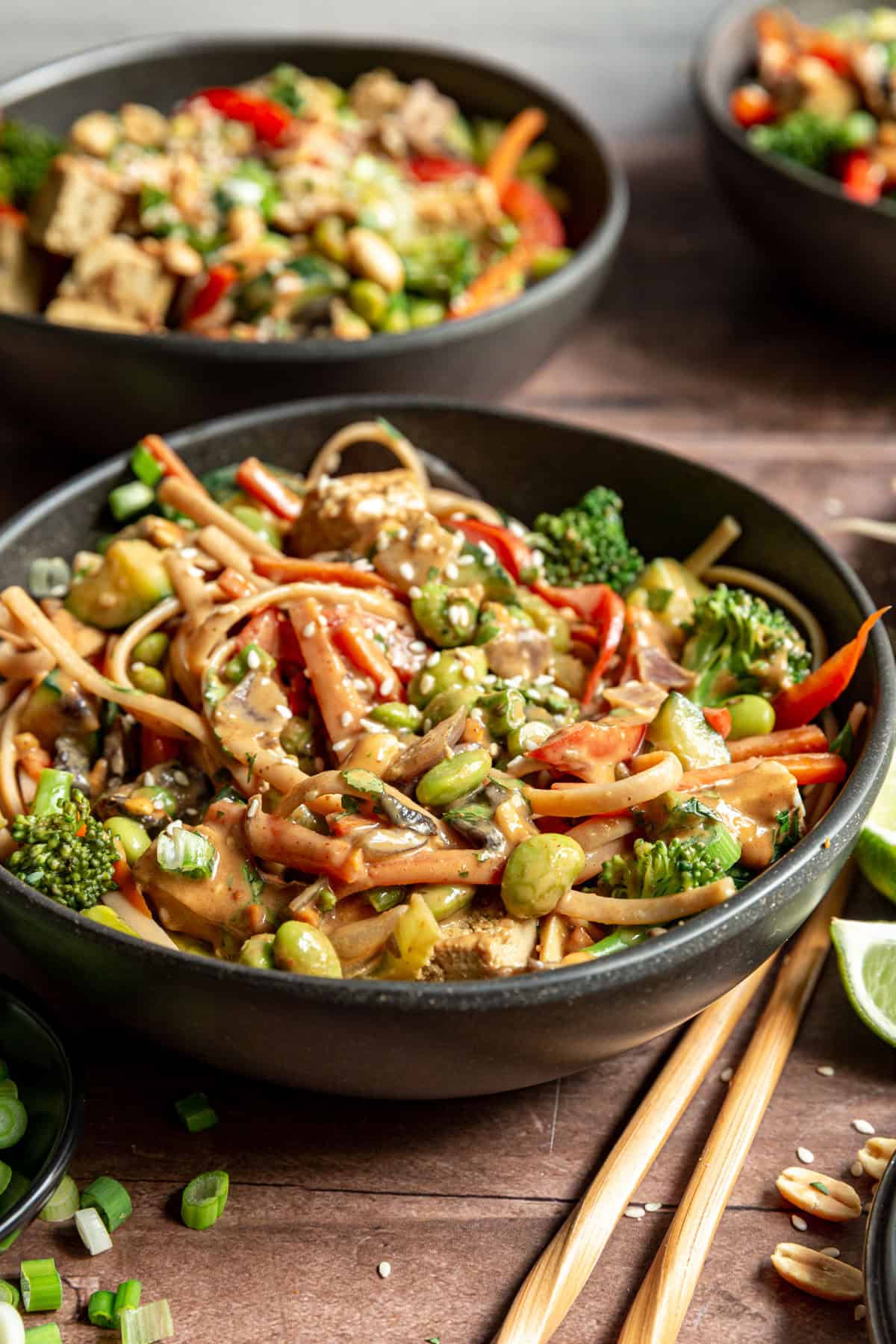 A tossed bowl of Vegan Oil-Free Pad Thai ready to serve.