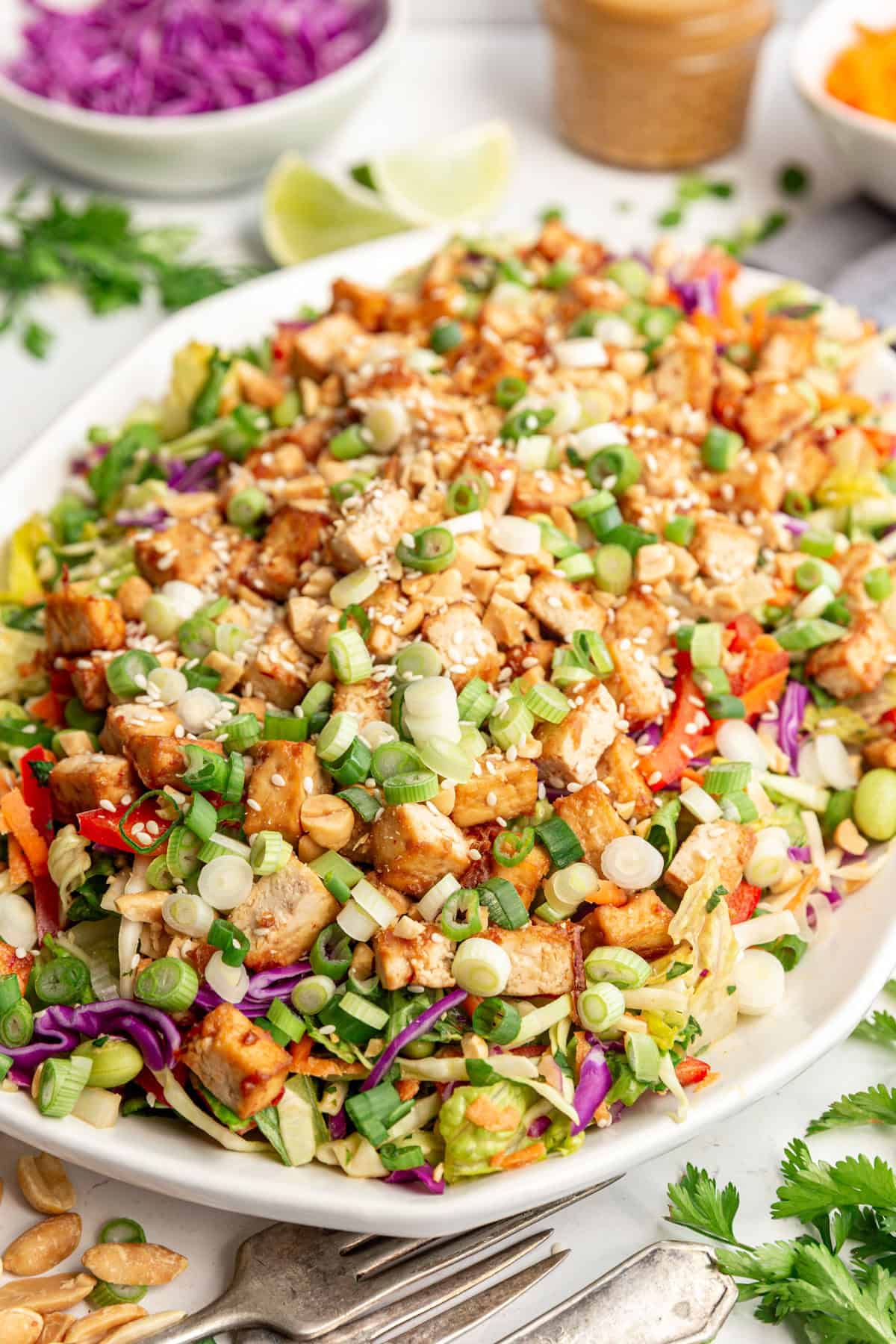 A platter of Thai Peanut Cabbage Salad ready to be dressed.