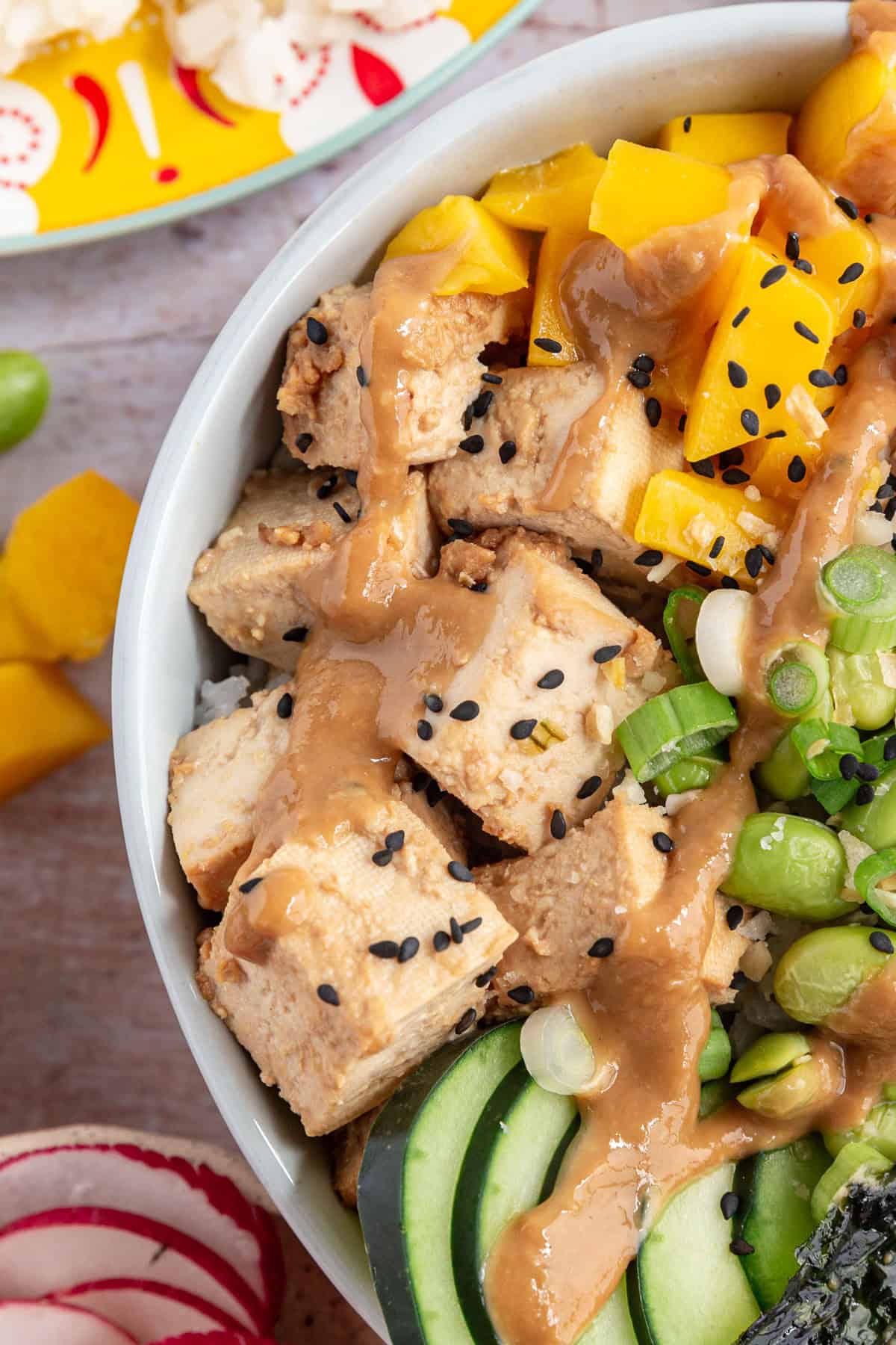 Tofu in a poke bowl.