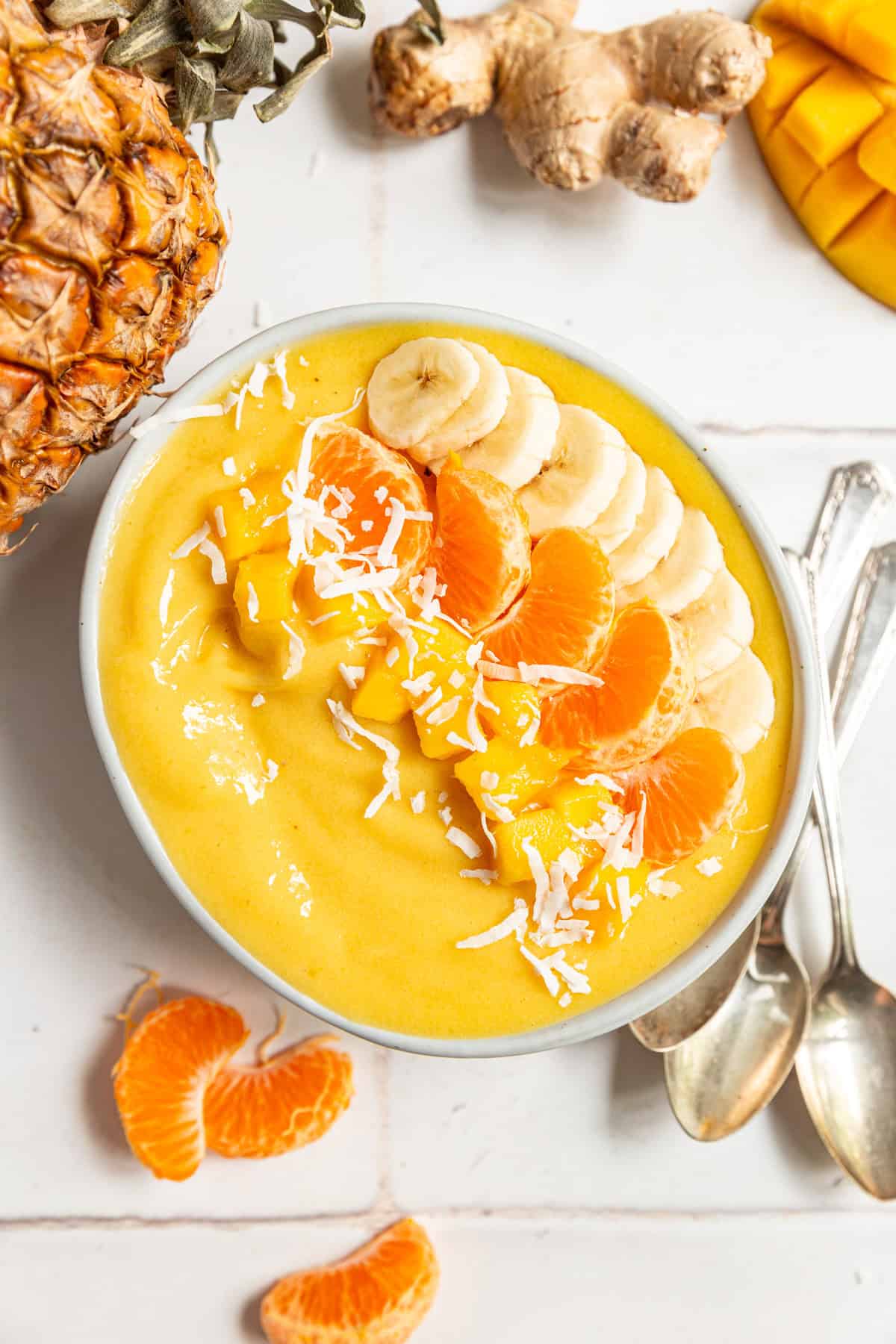 A freshly made tropical mango smoothie, ready to serve.