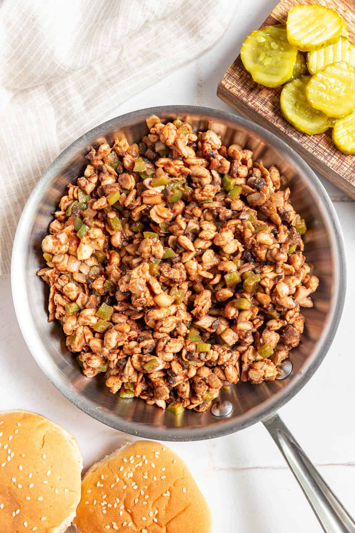 A skillet of Plant-Based Sloppy Joes "meat".