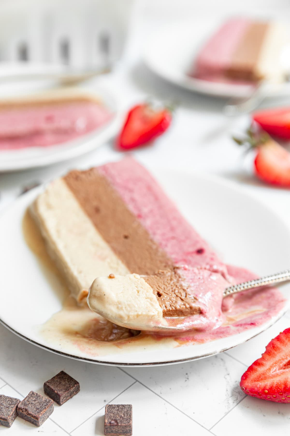 A spoonful of Vegan Neapolitan Ice Cream.