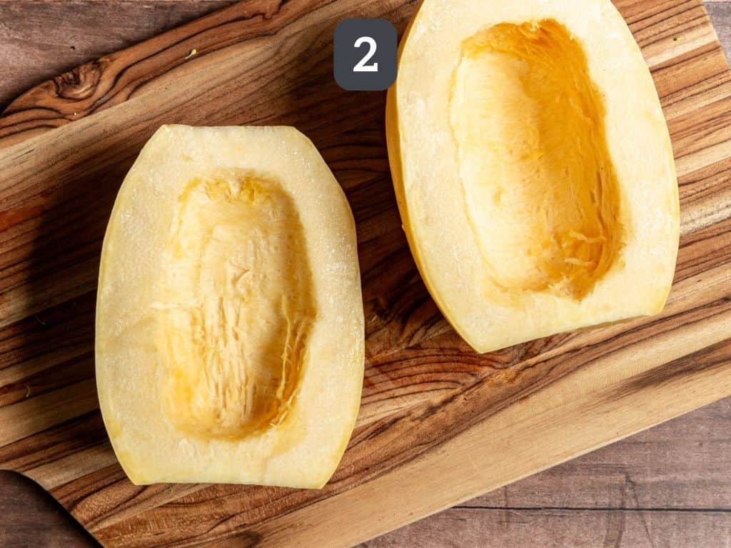 Broccoli Parmesan Spaghetti Squash Step 2 - slice the squash.