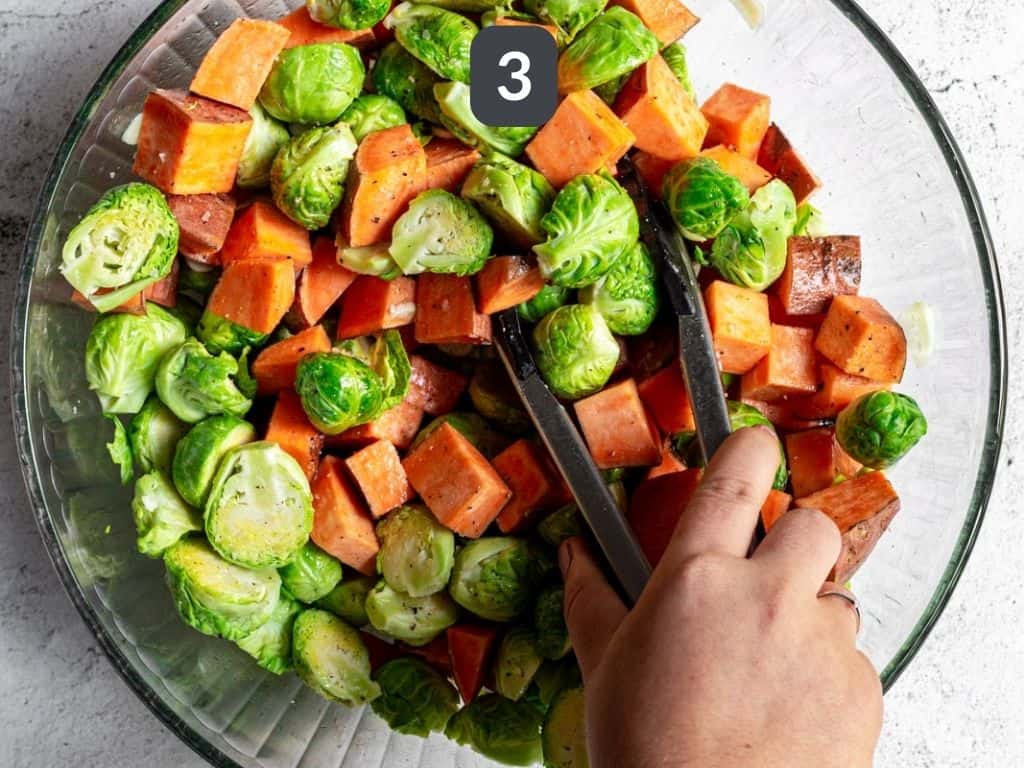 Roasted Sweet Potatoes and Brussels Sprouts Step 3