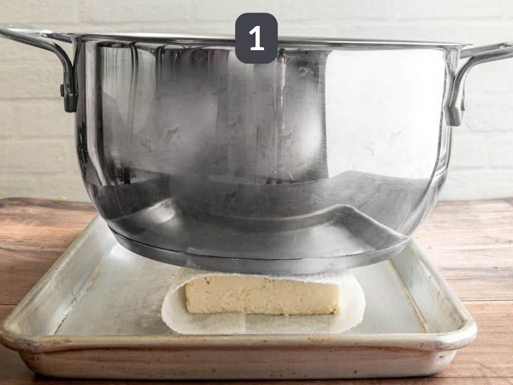 Tofu Breakfast Sausage Crumbles Step 1 - press the tofu.