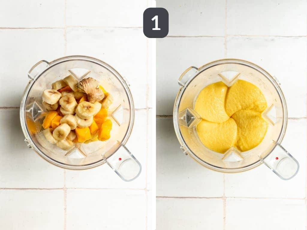 Tropical orange smoothie in a blender.