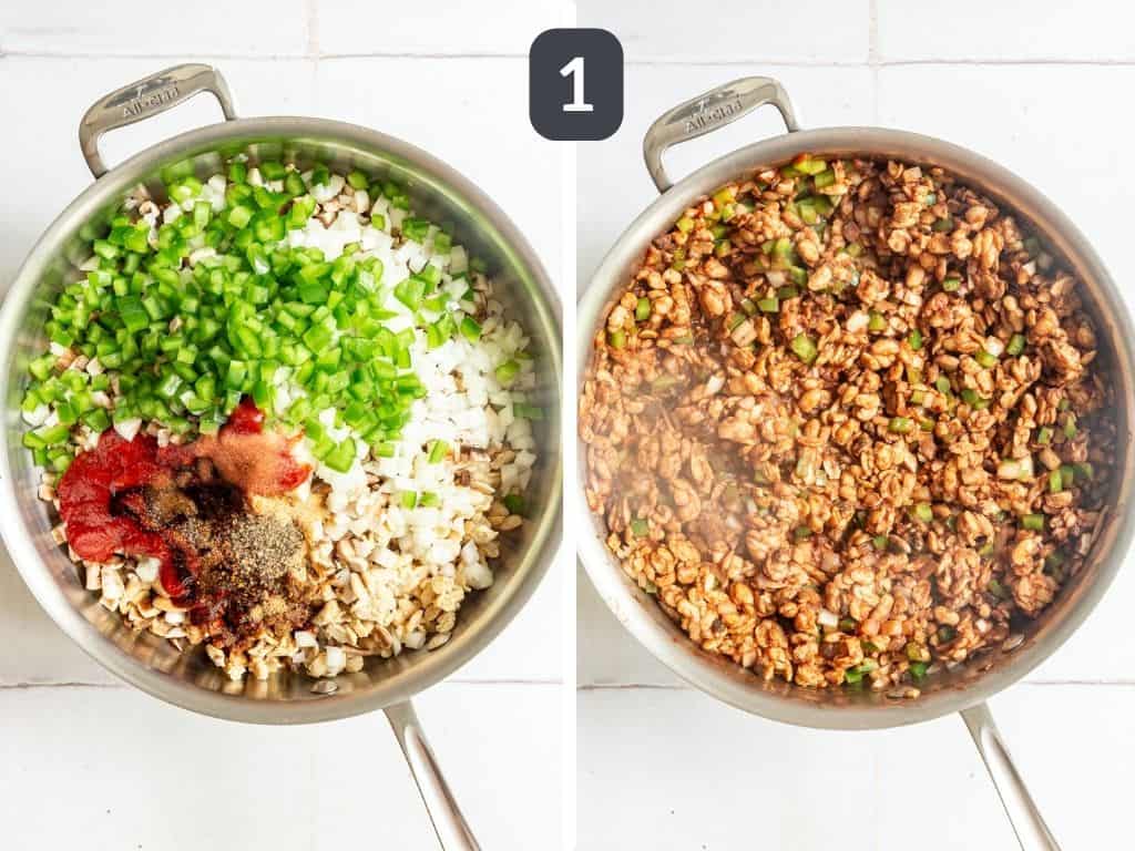 Plant-Based Sloppy Joes Step 1 - warm all the ingredients in a skillet.