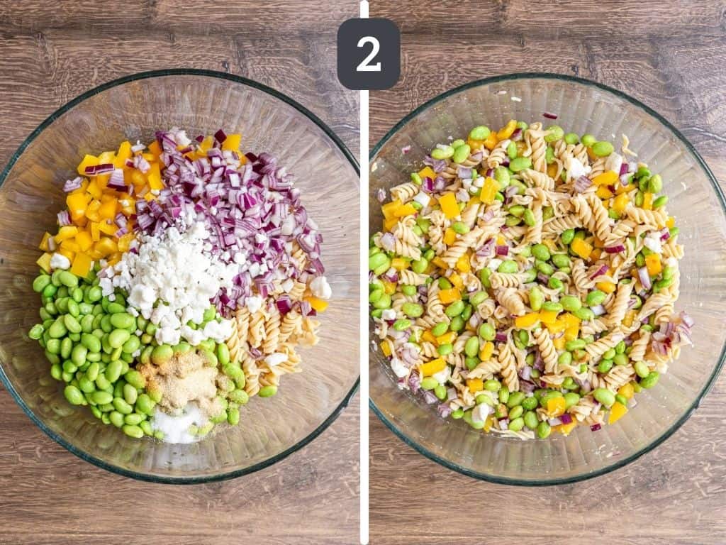 Edamame Pasta Salad Step 2 - toss the ingredients in a large bowl.