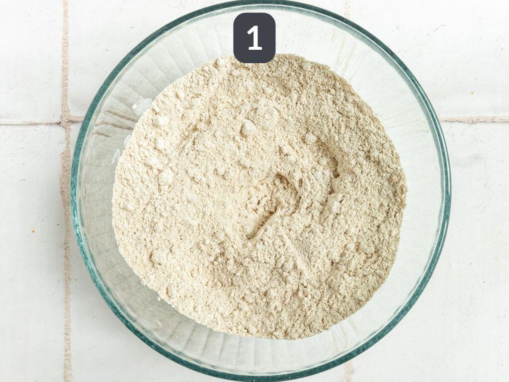 Oil-Free Vegan Oat Flour Pizza Crust Step 1 - mix the dry ingredients.