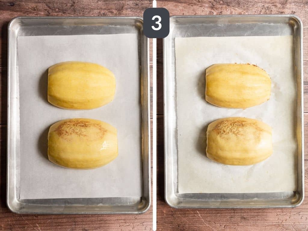 Broccoli Parmesan Spaghetti Squash Step 3 - bake the squash.
