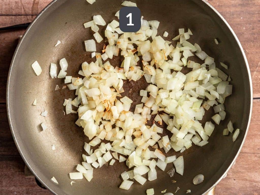 Silken Tofu Scrambled Eggs Step 1 - sautรฉ the onion.