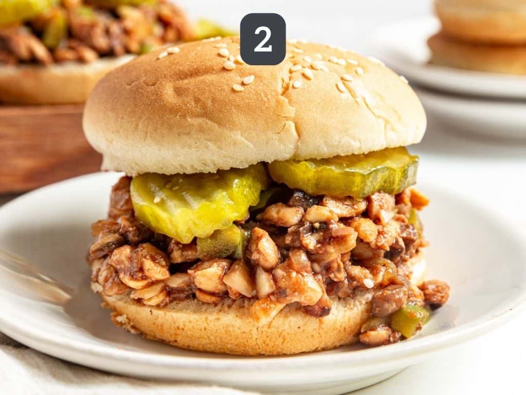 Plant-Based Sloppy Joes Step 2 - serve on a bun with pickles.